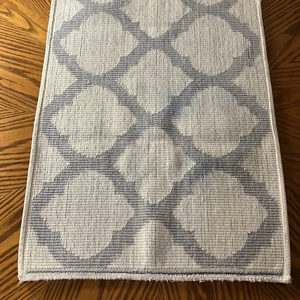 Natural Cotton Bath Mat / Throw Rug White & Blue Design